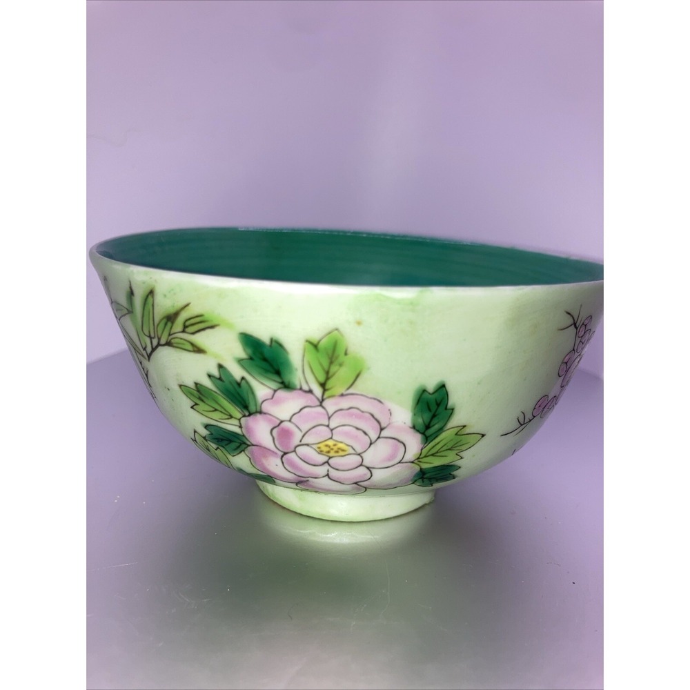 Vintage Chinese Hand Painted Tea Bowl Green Turquoise Floral Bamboo‎ 4.5"